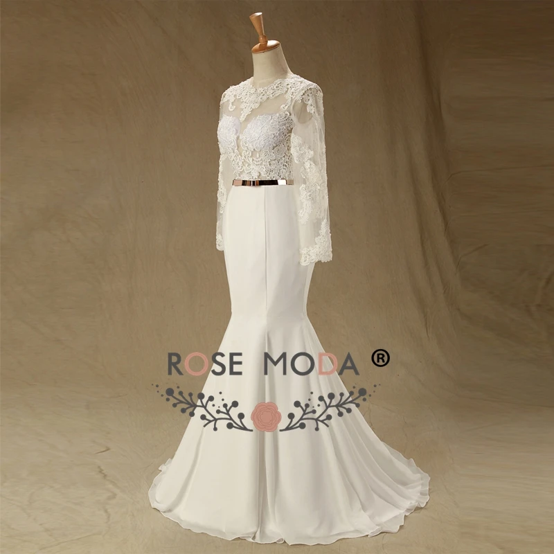 Rose Moda Lace Mermaid Wedding Dress 2019 Long Sleeves Backless Dresses Boho with Gold Belt Real Photos | Свадьбы и торжества
