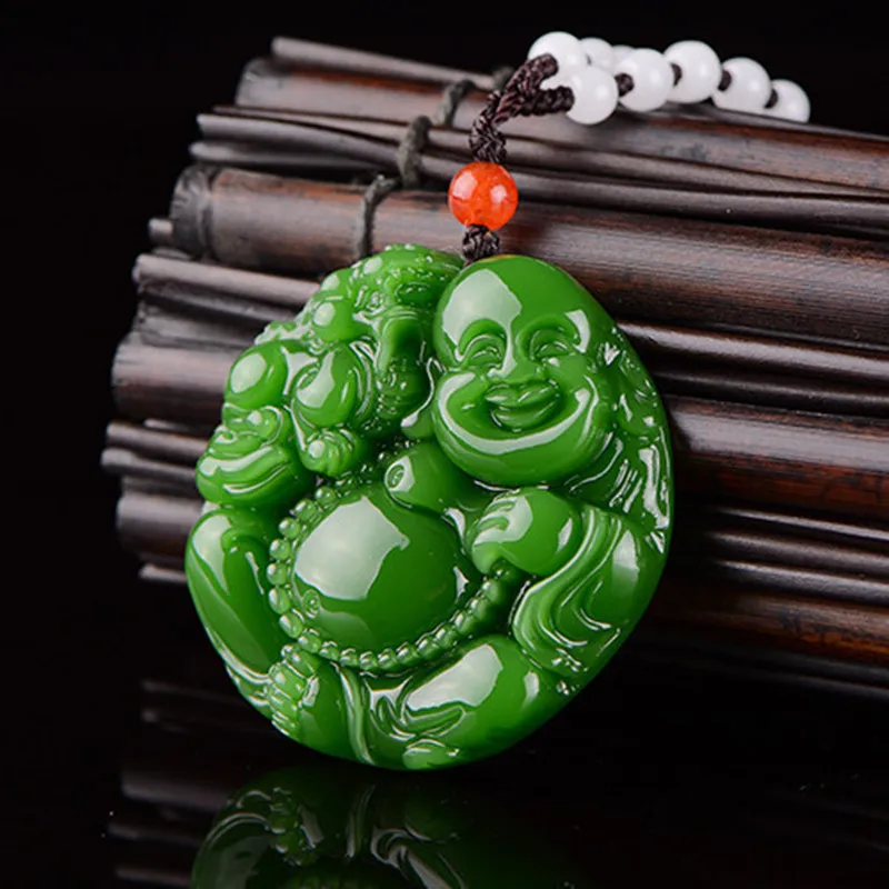 Дропшиппинг зеленый кулон ожерелье 3D резной маитрейя Будда Смеющийся Амулет для