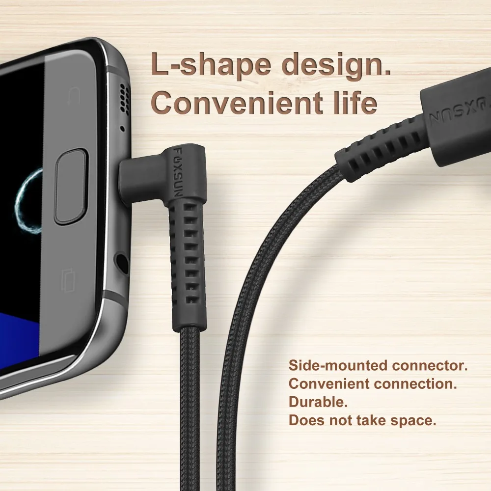 Micro USB кабель Foxsun под прямым углом 90 градусов зарядный Android плетеные кабели для