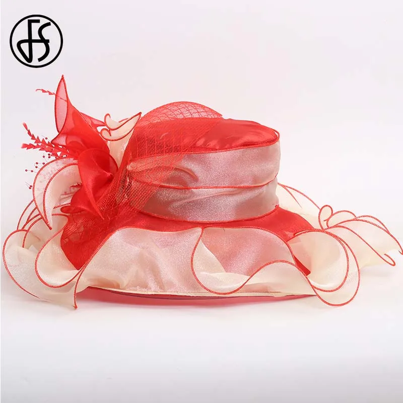 Red Sun Hat FS элегантные шляпы для женщин Свадебная церковная шляпа черные фетровые шляпы дамы с большими полями большой цветок перо розовые вечерние Кентукки шляпа котелок - Цвет: Red Sun Hat