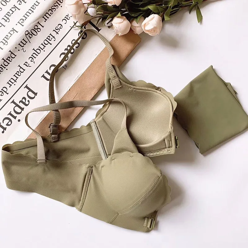 

Sexy Lingerie Set Women Front Buckle Bra Underwear Set 3/4 Cup Wire Free Push Up Bra and Panty Set Gathered Bralette Bra Set