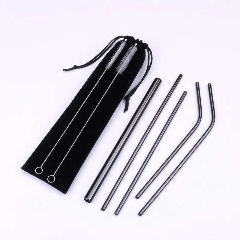 black 8pcs Reusable Colorful Stainless Steel Drinking Straw High Quality Straight Bent Metal Straw with Cleaning Brush and Storage Bag - Цвет: black