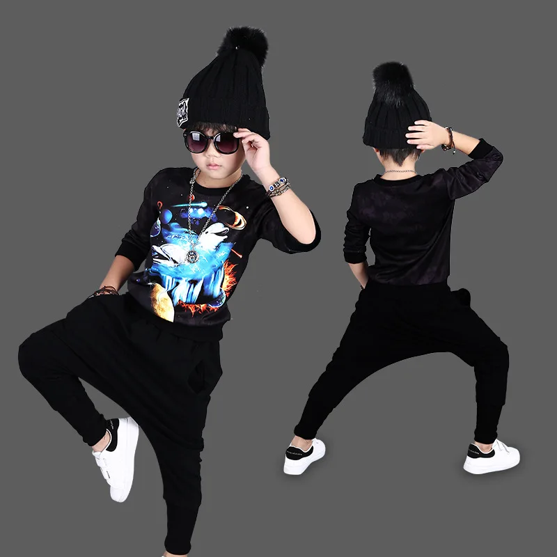 

2019 new arrival sportswear sets black dance clothes for boys performance street hip-hop garments teen-ages cotton size 110-150