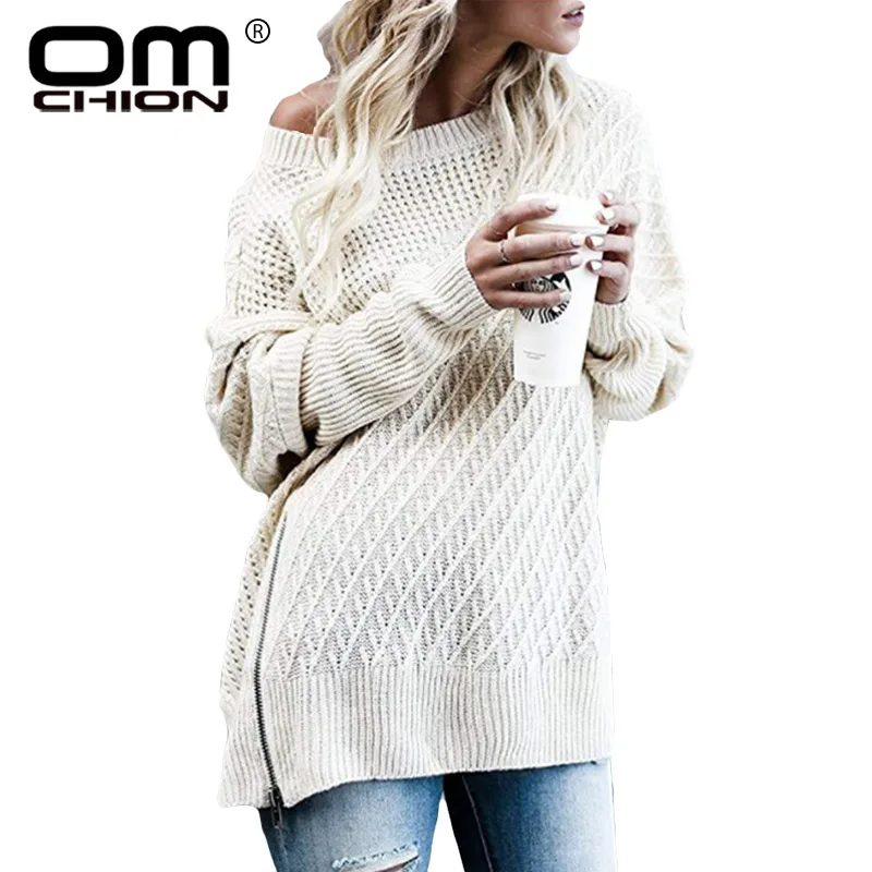 

OMCHION Plus Size 2018 O Neck One Shoulder Off Sexy Sweater Women Loose Batwing Sleeve Split Zipper Female Pullover LMM117