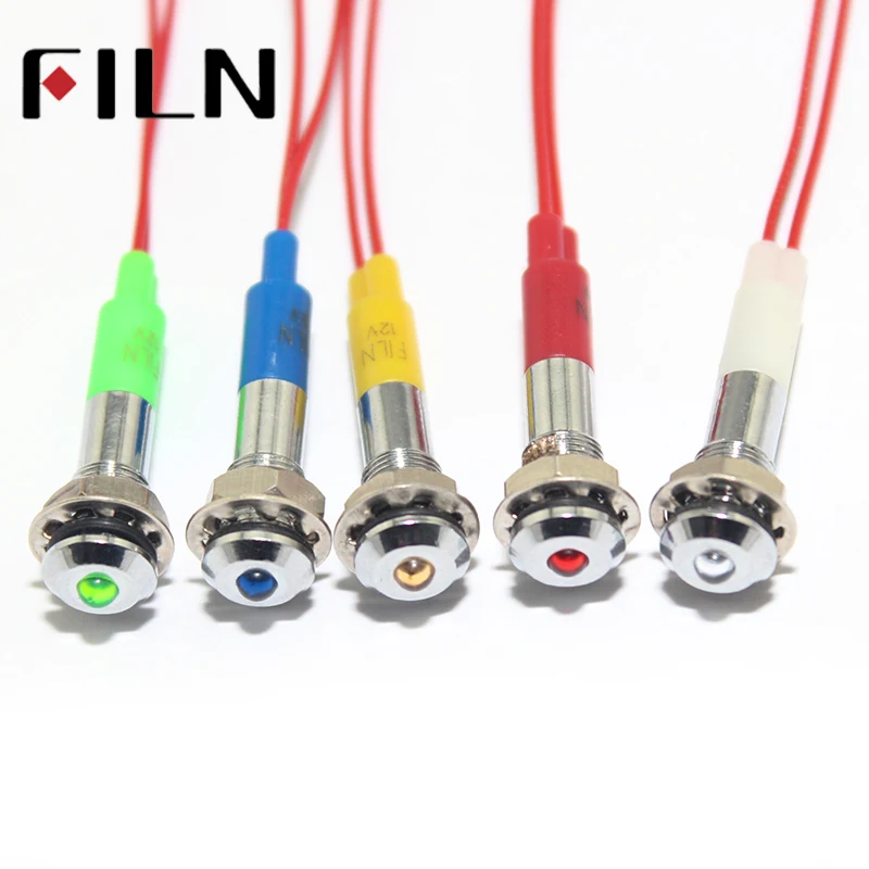 FILN FL1M-6SW-1 100pcs 6mm red yellow blue green white 12v 220v 24v led metal pilot lamp with 20cm cable