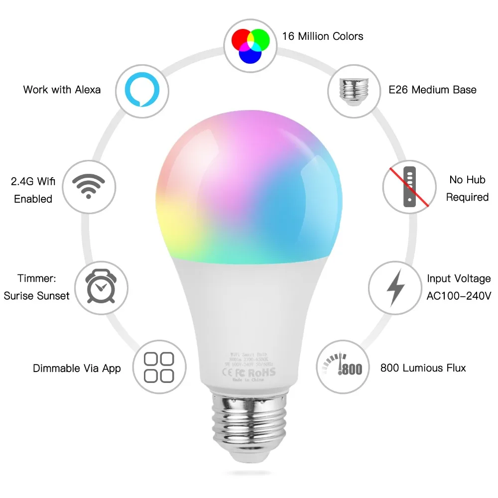 Интеллектуальная беспроводная(Wi-Fi) Alexa Google Управление светодиодный лампы SMD 2835 9 Вт 24 светодиодный s светодиодные лампочки RGB 2700-6500 K умный светодиодный лампочка для Гостиная