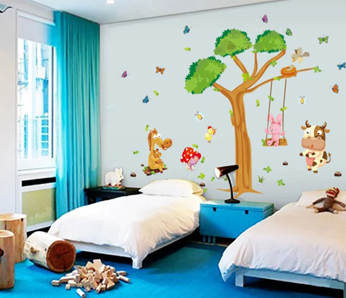 new large tree horse cow wall stickers kids home nursery living room decor party poster removable cartoon mural | Дом и сад