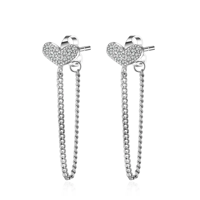 

Pure 925 sterling silver romantic love heart crystal women tassels earring jewelry lady stud earrings jewelry Anti allergy