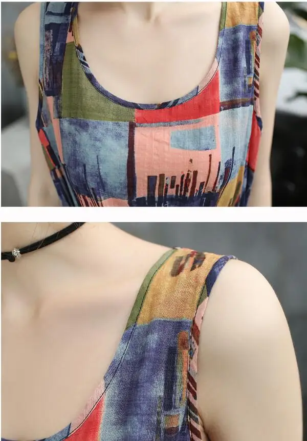 2019 summer new puls size women's dress literary cotton two-piece vest loose thin suit High waist tie printing M-4XL | Женская