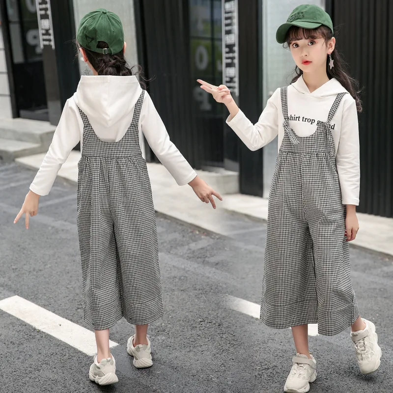 Весенний комплект одежды для девочек, детская одежда хлопковый костюм для девочек 6, 8, 12, 13, 14 лет, детские костюмы, Повседневная Толстовка+ комбинезон