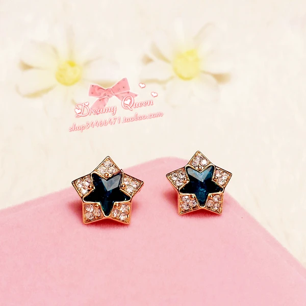 Особые корейские импортные милые сладкие изящные серьги с голубо-зелёными звёздными драгоценными камнями в форме пятиконечных звёзд.