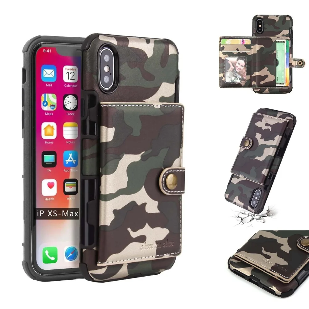 Для iPhone XS MAX камуфляжный чехол кошелек из искусственной кожи Гибридный ТПУ