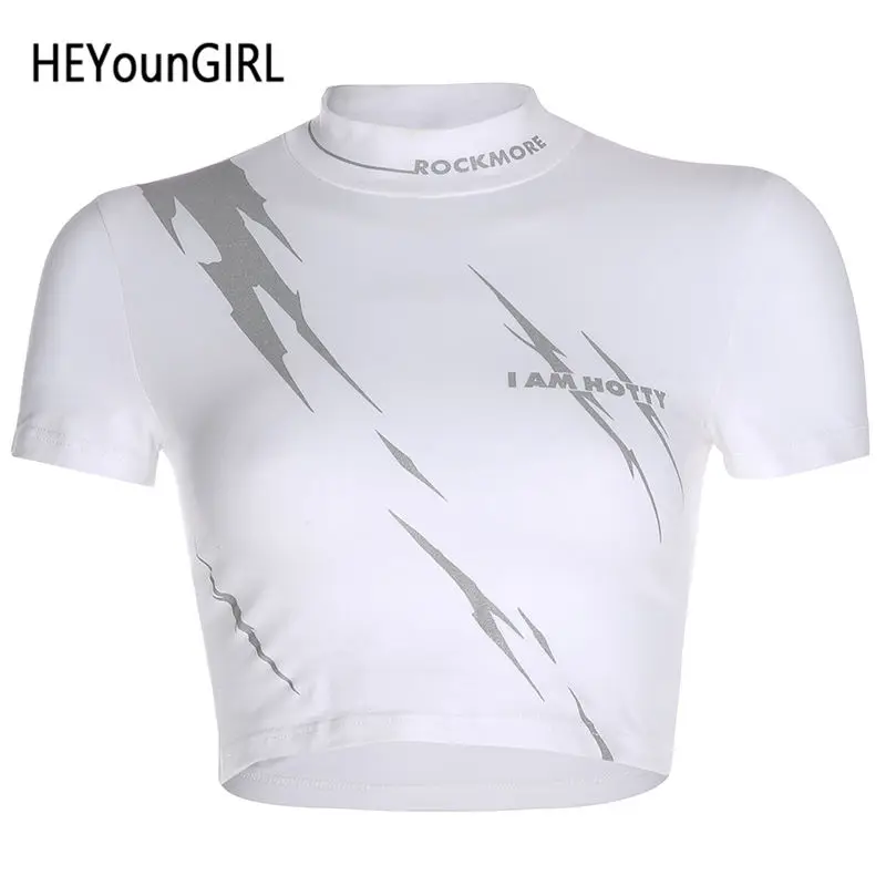 Белый HEYounGIRL Светоотражающие белые женские футболки с принтом, Повседневная Базовая укороченная футболка с коротким рукавом, женская футболка Harajuku, женская футболка - Цвет: Белый