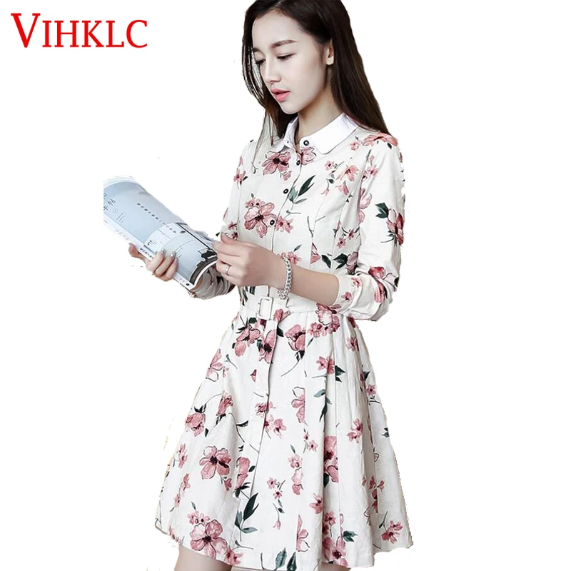 Мода 2017 г. Новинки для женщин платье корейский принт Хлопковое с длинными