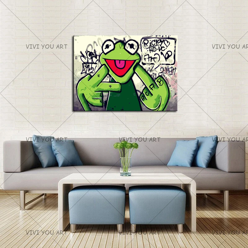 Уличные граффити искусство лягушка Kermit палец 100% ручная работа Холст Картина