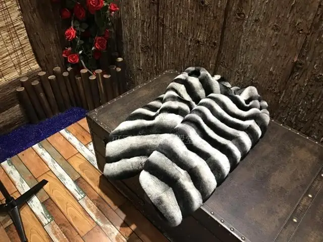 90cm Long Russian Rex Rabbit Fur Vest/Imitation Chinchilla Coat/Grey Diagonal Striped Gilet Coat Outwear Sleeveles/Plus Size | Женская