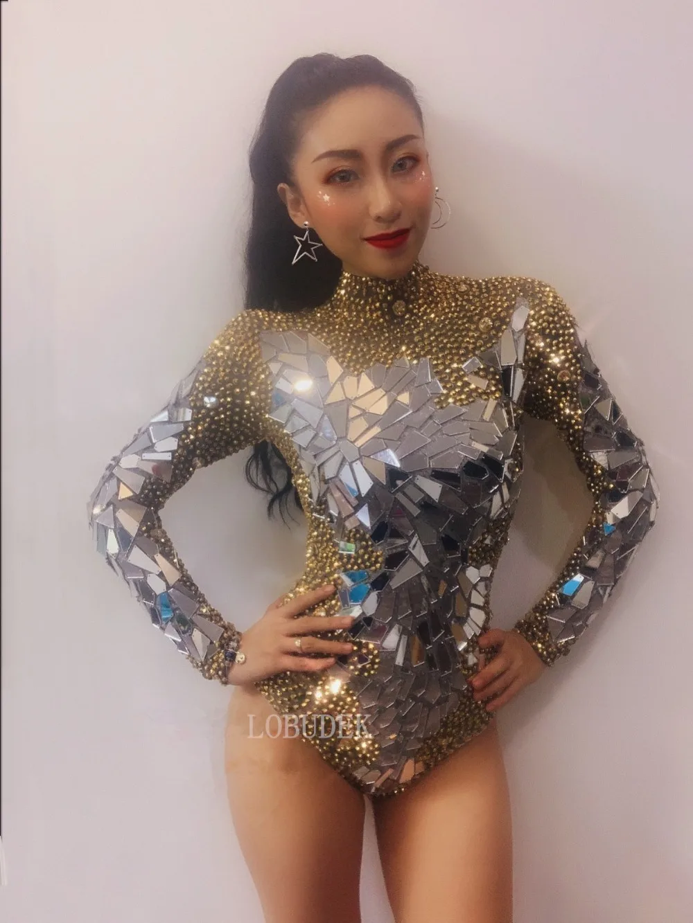 Gold Silver Rhinestones Mirrors Bodysuit Elastic Skinny Crystal Sequins Jumpsuit Birthday Party Nightclub Singer Dancer Costume