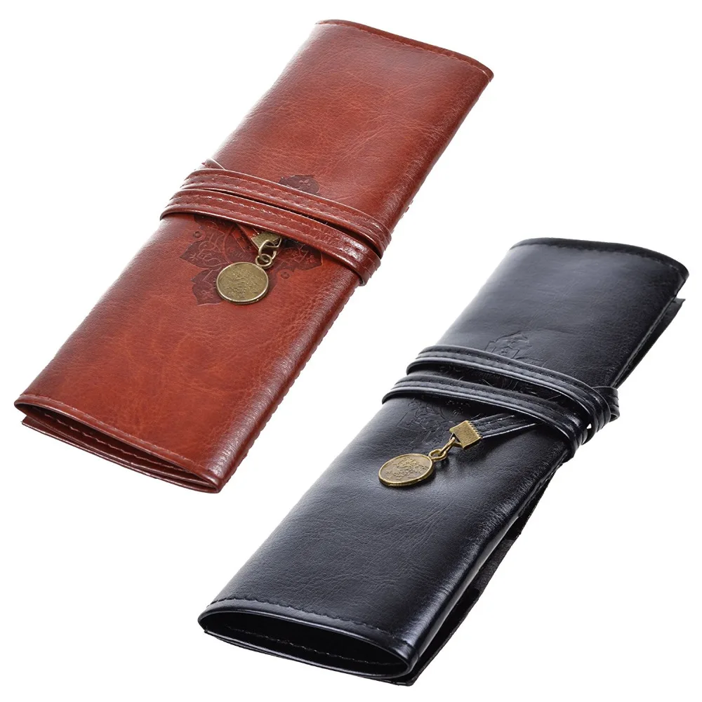 

XRHYY Pack of 2 pcs Vintage Style PU Leather Rollup Pencil Case, Pencil Bag, Pen Pocket