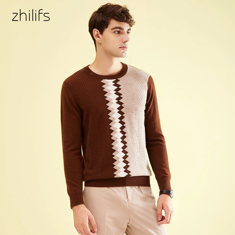 Zhilifs Men's stitching sweater 100% cashmere Diamond pattern casual wear Round neck long sleeve knit 2019 autumn winter | Мужская