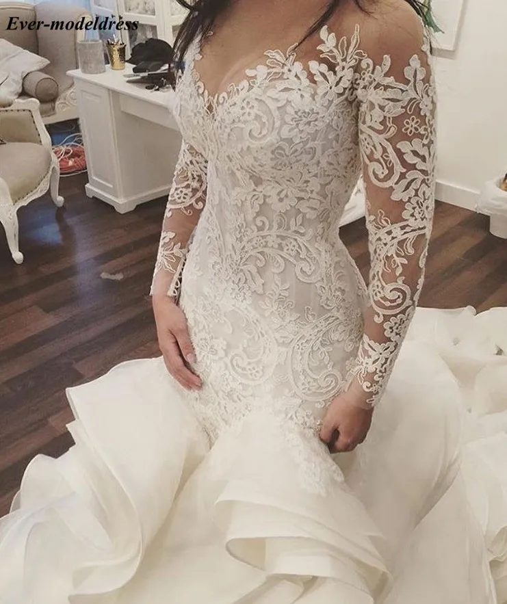 Vestido De Noiva Long Sleeves Appliques Lace Mermaid Sweep Train Ruffles Organza Wedding Dresses for Bride Plus Size Customized