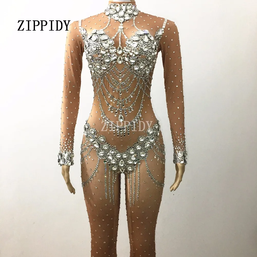Fashion Silver Crystals Black Jumpsuit  Dance Wear Celebrate Bodysuit Bright Rhinestones Costume Female Singer Stretch Outfit