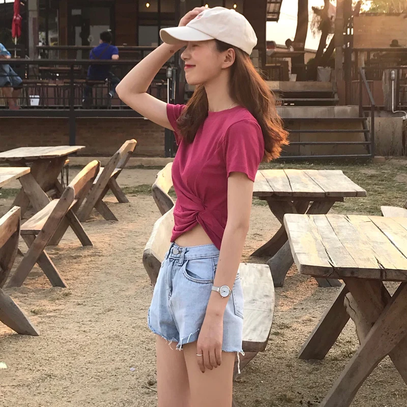 Летние укороченные топы 7 цветов 2019 однотонные футболки в Корейском стиле с
