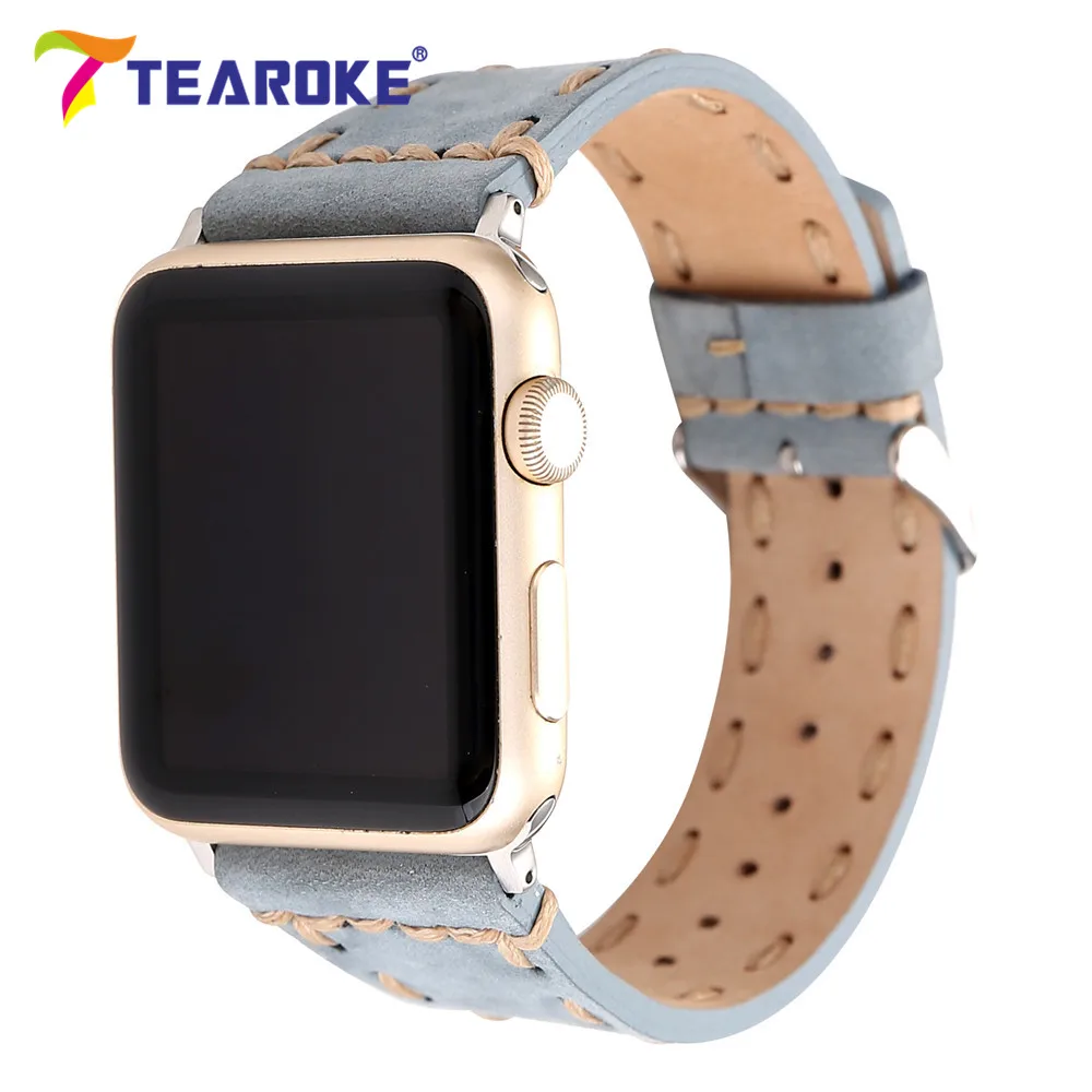 Ремешок для часов из натуральной кожи ручной работы в стиле ретро для Apple Watch 38 мм 42 мм синий сменный Браслет ремешок для iwatch 1 2 3