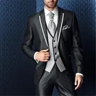 Мужской темно-синий костюм для свадебной церемонии, костюм из 3 предметов (пиджак + брюки + жилет + галстук), смокинги для жениха, выпускного вечера, костюмы 648