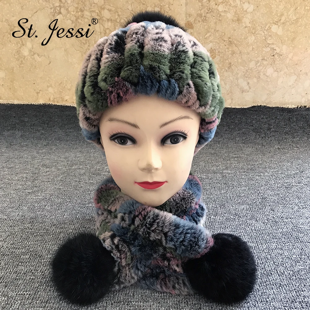 ST. Jessi, зимняя шапка для детей, меховая шапка и шарф, комплект из настоящего кролика Рекс, трикотажная меховая шапка, теплая с большим мехом лисы, помпоном
