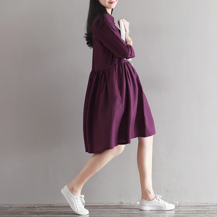 Mori Girl однотонное повседневное свободное женское платье с отложным воротником осень весна Mujer Vestidos с длинным рукавом Хлопок Лен элегантные платья