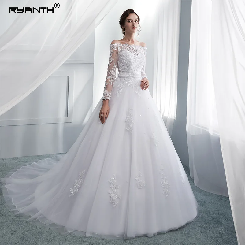 

Ryanth New Vestido de Noiva 2018 Long Sleeve Wedding Dresses Illusion Back Sexy Bride Dresses Wedding Gowns Robe De Mariage