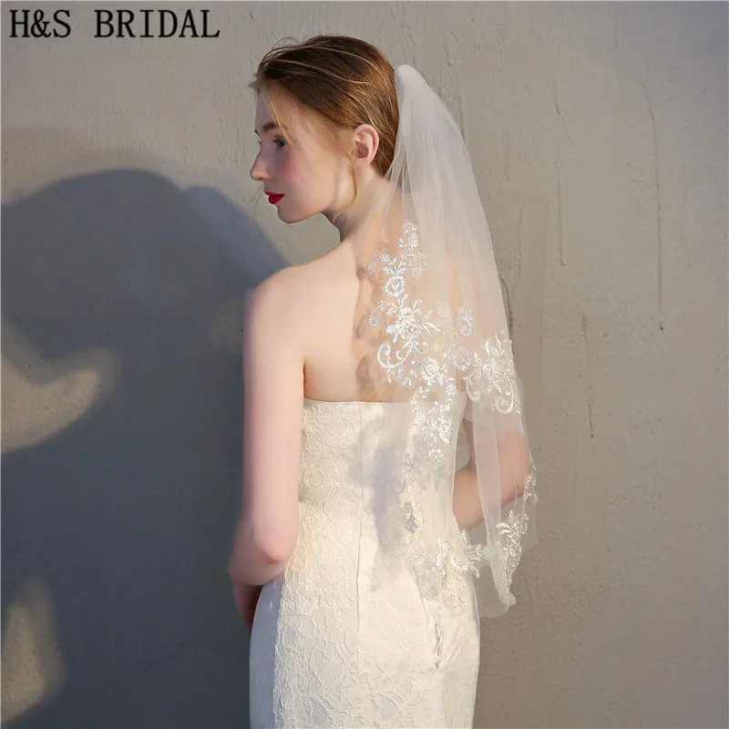 Фата свадебная короткая двухслойная 75 см с аппликацией|velos de novia|veil bridalivory wedding veil |