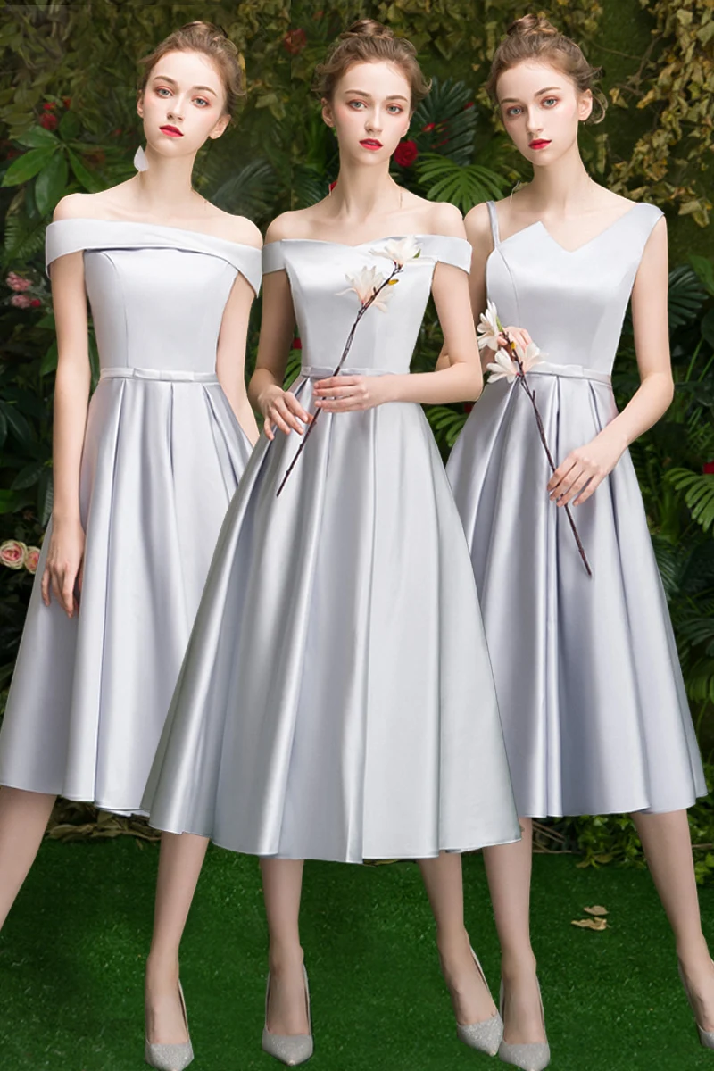 Girl Women Princess Satin Grey Party Dresses New Marriage Sister Group Girls Gray Bride sister Dress Bridesmaid Prom Gown | Женская