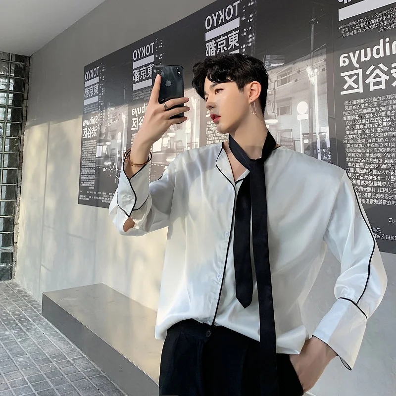 Рубашка мужская с галстуком и длинным рукавом свободная повседневная Уличная