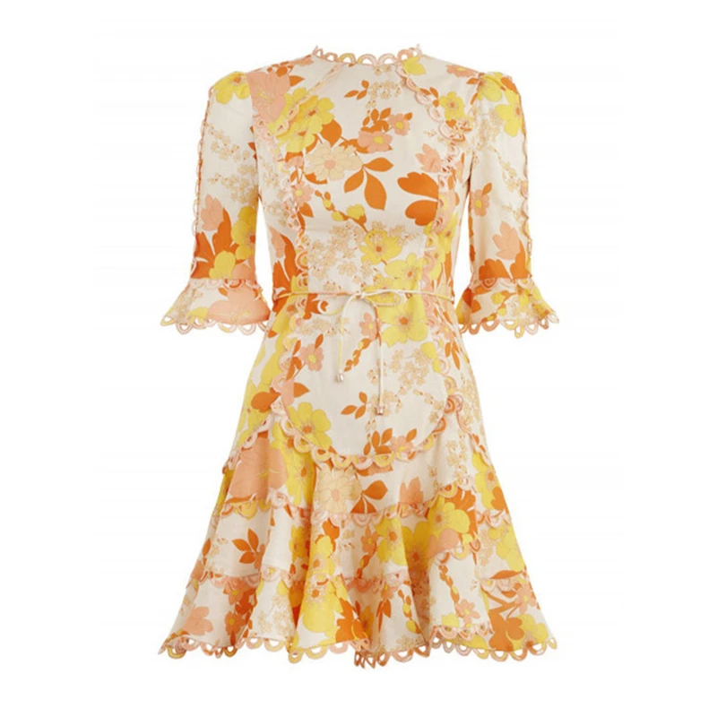 2019 летнее кружевное платье с цветочным принтом оборками мини пэчворк желтые