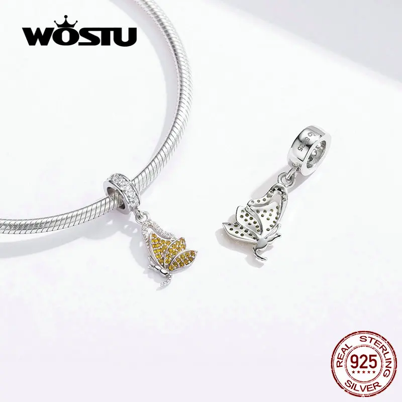WOSTU декоративные бабочки болтаются Шарм 925 стерлингового серебра желтый циркон