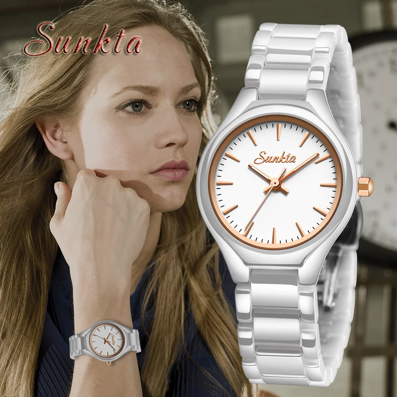 SUNKTA Fashion Simple All Black Ceramic Rose Gold Watches Women Waterproof Top Brand Luxury Girl Quartz Clock+Box | Наручные часы