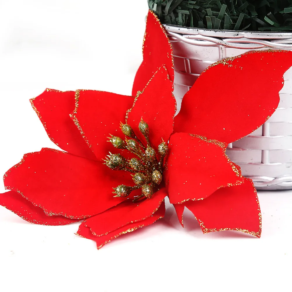 Рождественские цветы с флокировкой украшение на рождественскую елку кулон 13 см