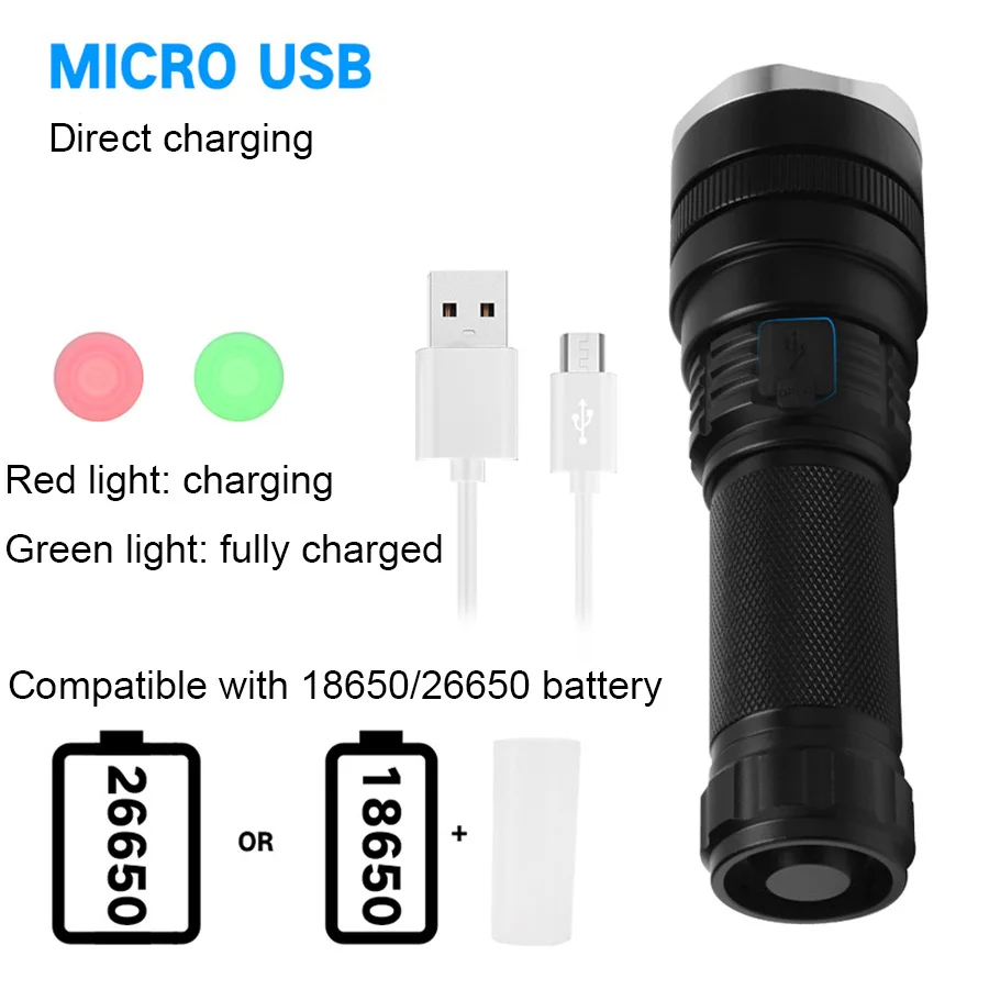 P50 XHP50 светодиодный фонарик Micro USB Перезаряжаемый зум Тактический 26650 18650 батарея