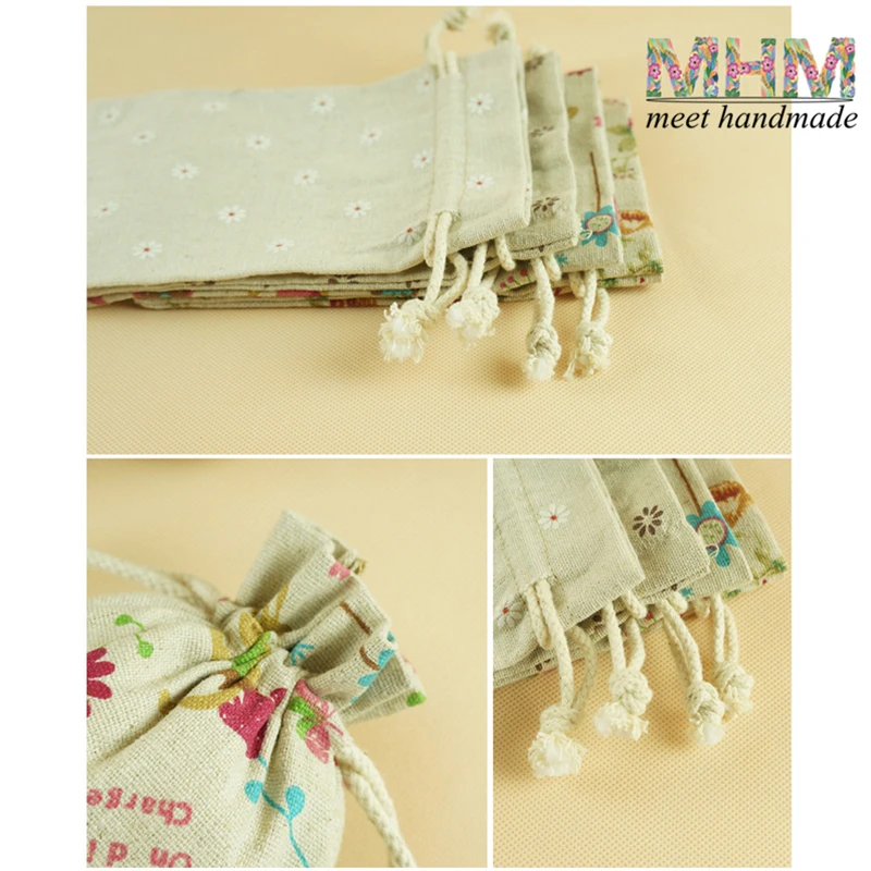 

50pcs/lot Natural Printed Cloth Small Burlap Gift Bags Jute Bag Pouches Wedding Decoration