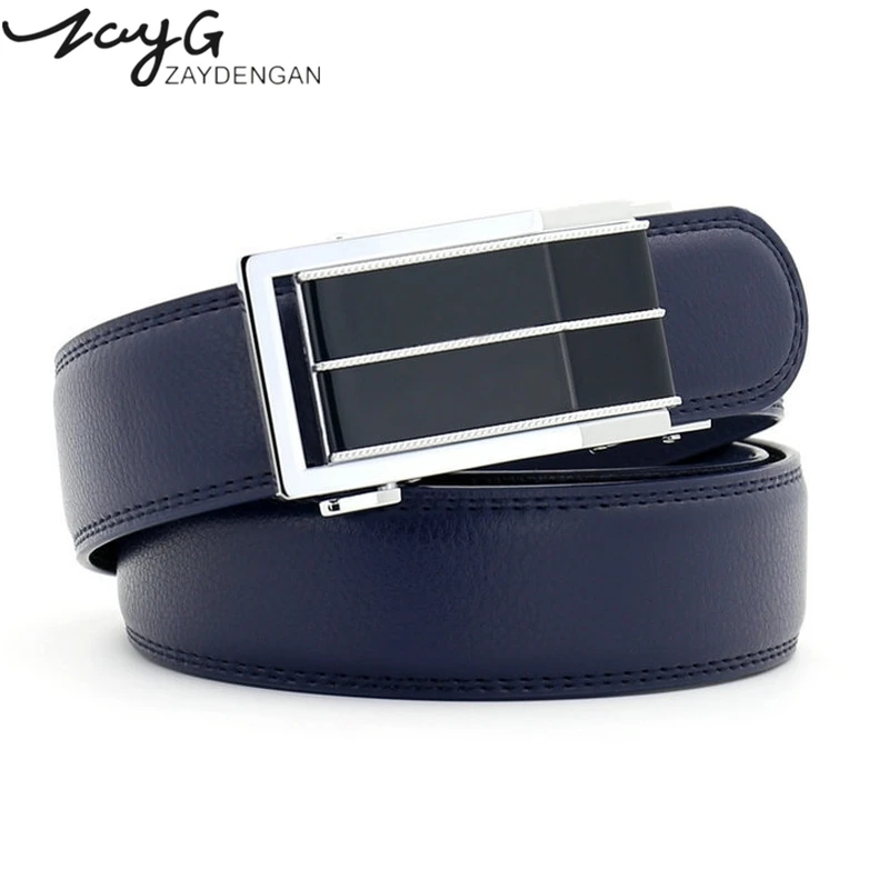 

ZAYG Man belt Blue High Quality Leather Automatic Buckle Men Belts Solid Color Practical Male Luxury Belts Business Brand Belts