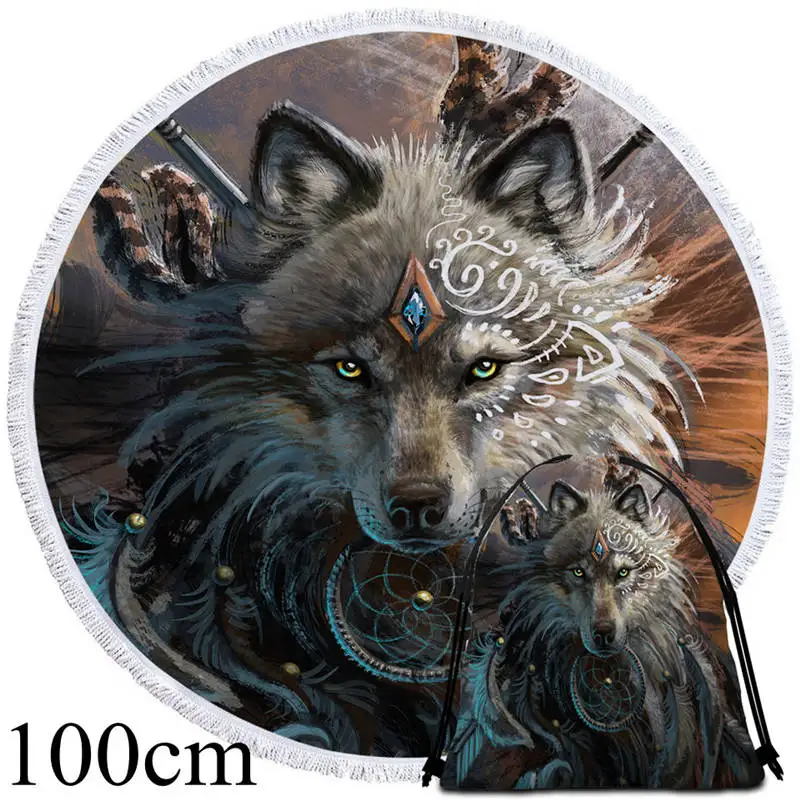 Towel 100cm-Bag Wolf Warrior от SunimaArt круглое пляжное полотенце для взрослых Волк принтованное из микрофибры с полотенце с кисточками одеяло большое родное Toalla - Цвет: Towel 100cm-Bag