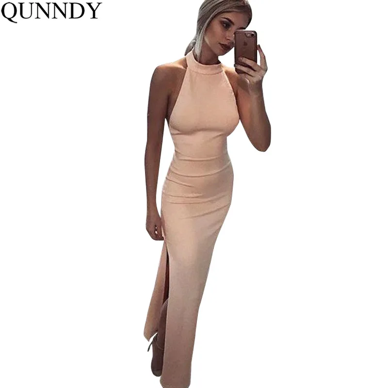 Qunndy Сексуальная Холтер шеи длинное платье Для женщин спинки Vestidos Разделение