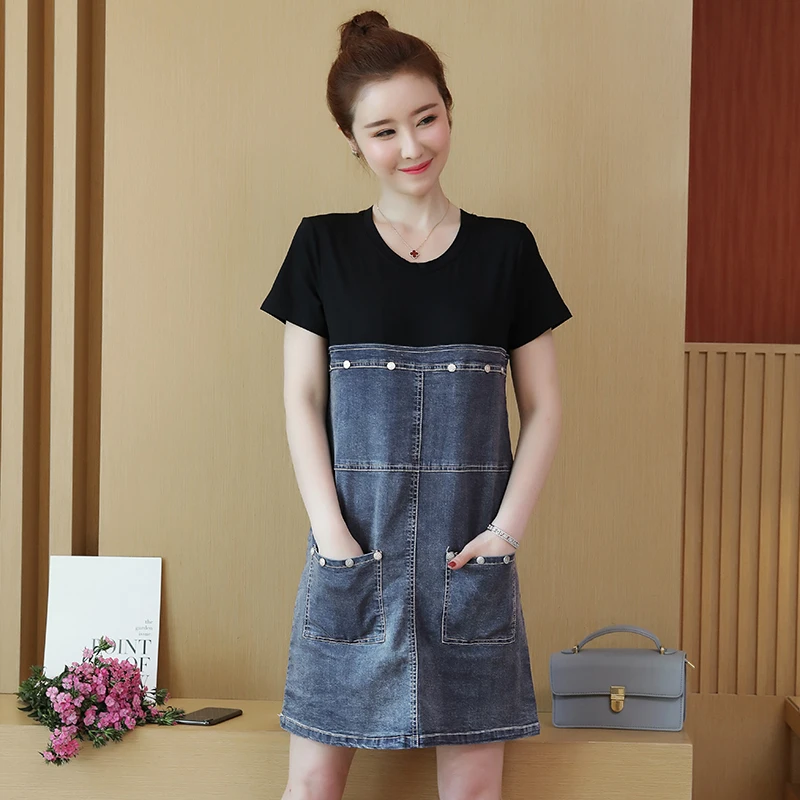 Женское джинсовое платье с круглым вырезом свободного покроя|Женские платья| |