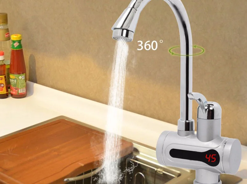 EU Plug Gold Faucet Water Heater Kran Instant Tankless Hotwater Boiler Kraan Kitchen Heating Crane With LED Light Kocher Bib Tap