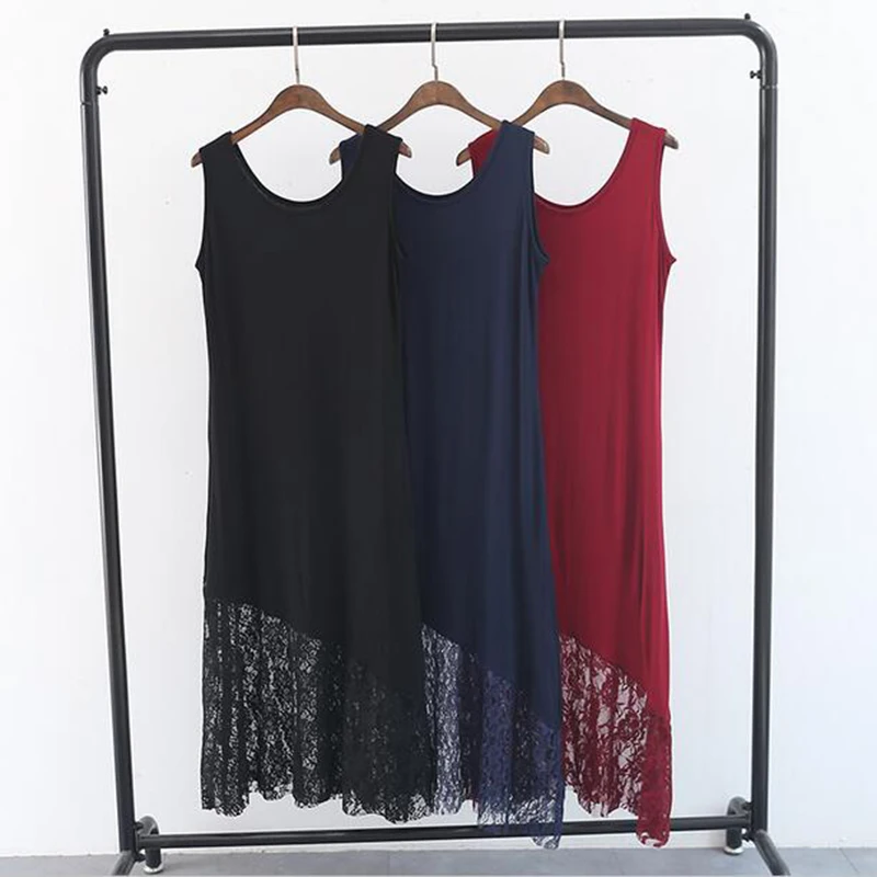 

Women summer Dress high waist sleeveless stitching lace dress temperament Europe Solid color vest long Dress O neck LU220