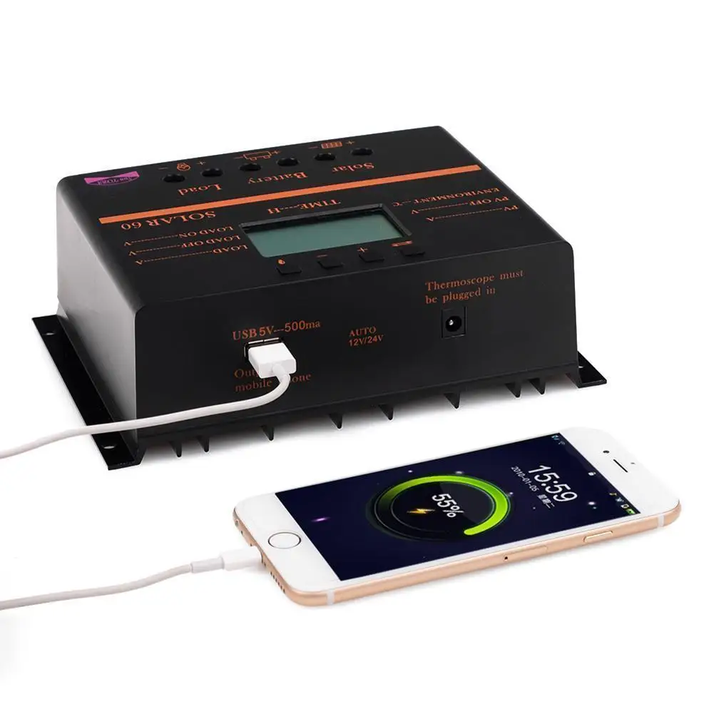 PWM 60A контроллер солнечного заряда 12 В 24 в ЖК дисплей USB 5 солнечная панель