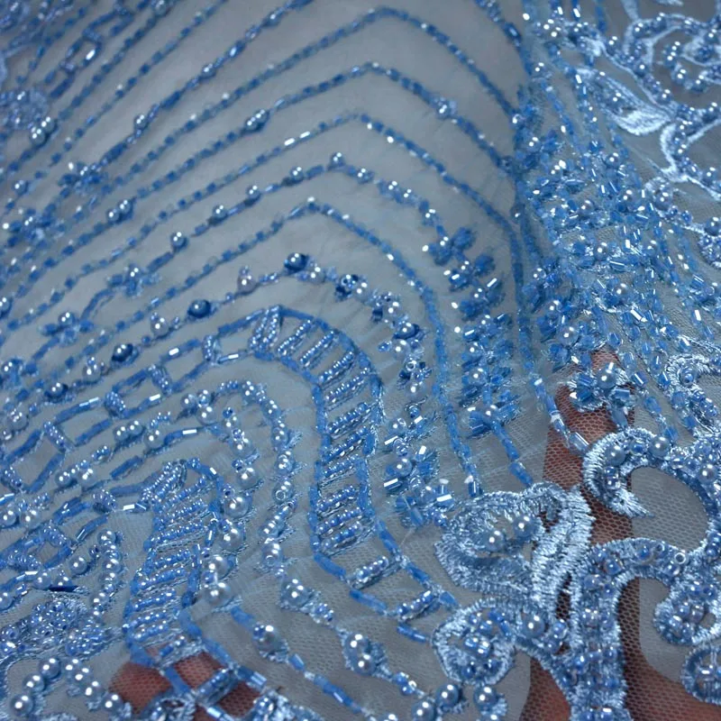 Blue La Belleza 1 ярд Небесно-Голубой бисером кружевной ткани, модный стиль кружева, вечернее/свадебное платье ручной работы бисером кружевной ткани 51 ''ширина - Color: Blue