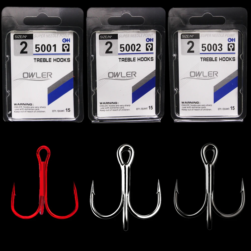 15pcs/box 3 colors owner treble Hooks Size 1#-14#  Round Bent Treble Saltwater Bass  Steel Fishhooks solid Triple Hooks