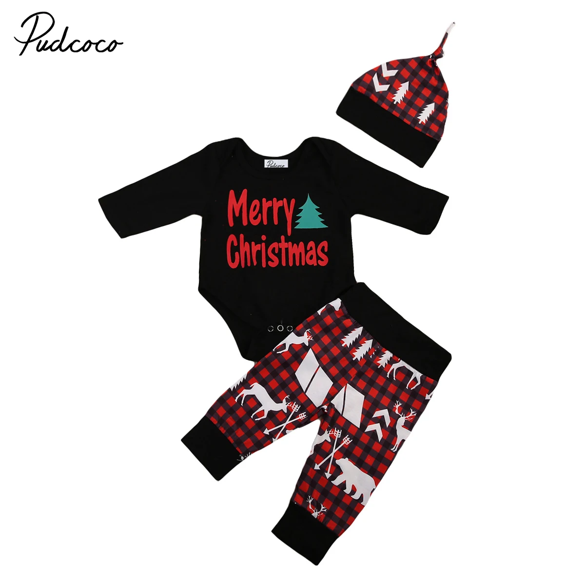 

2017 pudcoco 3Pcs Newborn Infant Toddler Baby Boy Girl Christmas Tops Romper Pants Hat Casual Cute Outfits Set Clothes